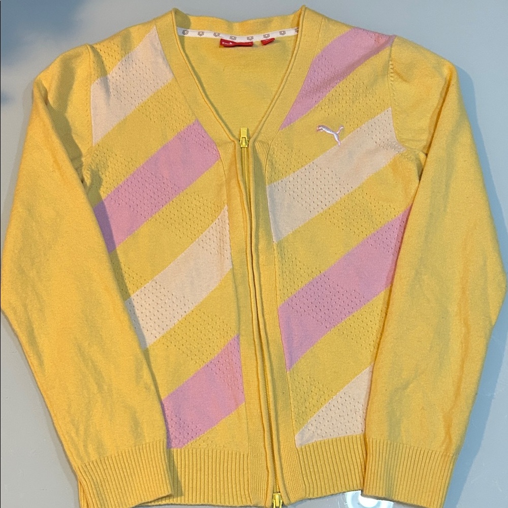 Puma Yellow and Pink colors pop Striped zippered merino wool Sweater